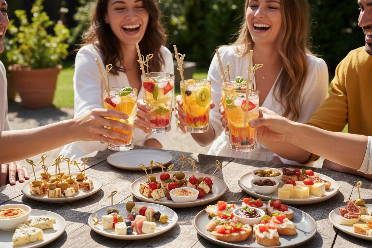 aperitif convivial entre amis avec des cocktails de fruits et des pailles en roseau et tapas avec pic apéritifs